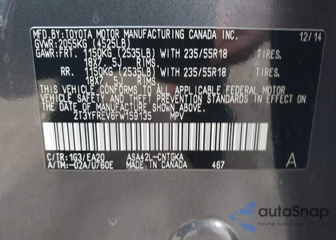 2015 Toyota Rav4 Limited из США, поврежденный, VIN 2T3YFREV6FW159135